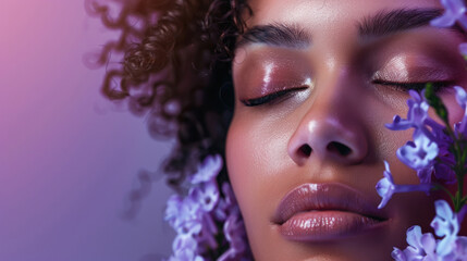 Wall Mural - close up view of young beautiful woman face on purple background