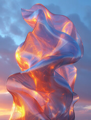 Poster - 3D abstract silk cloth 3D futuristic cyberpunk hyper realism detailed isolated on sunset sky, colorful reflective holographic flow silk gold iridescence glowing on landscape background.