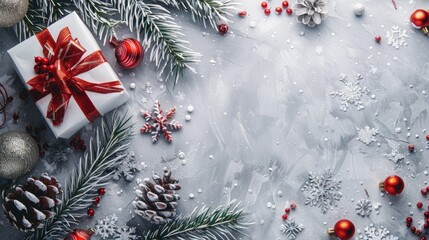 Poster - Winter holiday theme with gift box and festive decorations on a light gray backdrop