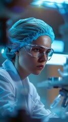 Poster - Focused female scientist in a lab wearing safety goggles and conducting experiments. Advanced healthcare research.