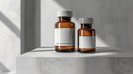 Minimalistic close-up of two prescription bottles with blank labels, placed on a sleek white table, illustration background