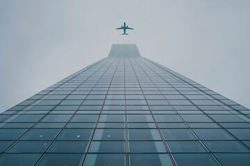 Airplane flying over the roof of modern building