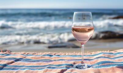 Close-Up of Rosé Wine Glass on Striped Beach Towel, Blurred Ocean Waves in Background