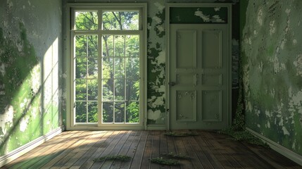 Room with door and window facing nature unoccupied