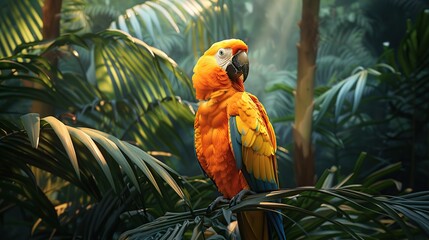 Wall Mural - A Vibrant Macaw Perched on a Palm Branch