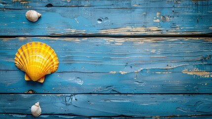 Seashell adorned yellow ticker on blue wood with space seen from above