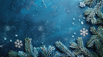 Canvas Print - Blue spruce ice crystals and snowflakes on holiday themed background with space for text