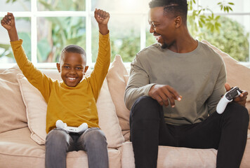 Sticker - Gaming console, father and son portrait on sofa with playing together, bonding and happy for winning level in home. Dad, kid and video games on couch with celebration, fun and excited for esports win