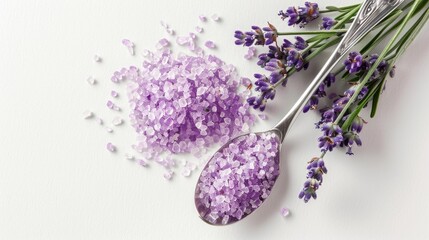 Canvas Print - Lavender bath salt with spoon and fresh lavender flower on white surface