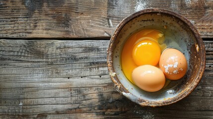 Canvas Print - Raw chicken eggs in a bowl on a wooden surface