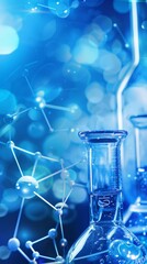 Poster - Close-up of glass flasks with molecular structures in the background. Scientific research in a laboratory. Concept of chemistry and innovation.