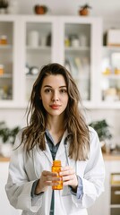 Poster - Smiling young female doctor holding a bottle of pills in a clinic setting. Confidence in healthcare and medication management.