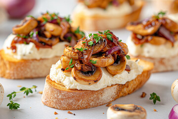 Wall Mural - Three slices of bread topped with mushrooms and onions