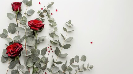 Poster - Eucalyptus and rose floral arrangement on white background symbolizing autumn concept