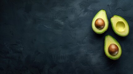 Sticker - Reduce food wastage Two flawed avocado halves on dark background with text space