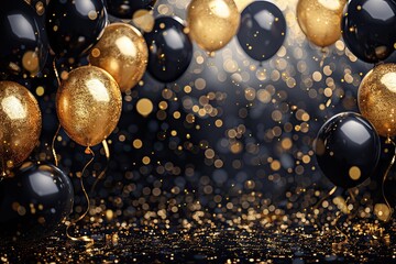 Wall Mural - luxurious background featuring black and gold balloons, perfect for upscale celebrations and special events.