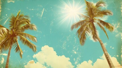 Wall Mural - Vintage style summer background with palm trees under blue sky