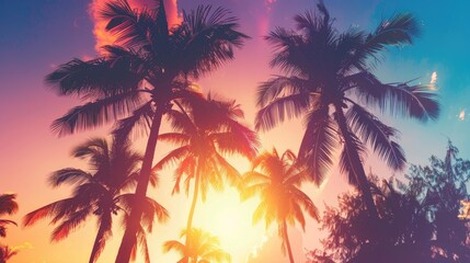 Canvas Print - Background Image of Palm Trees at Sunset on Vacation