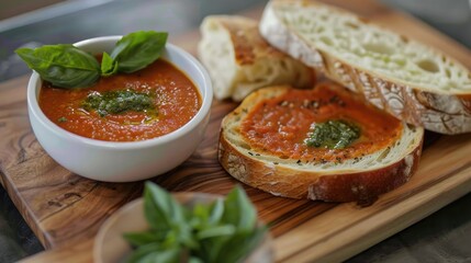 Sticker - Tomato cream soup with basil pesto bread on wooden board