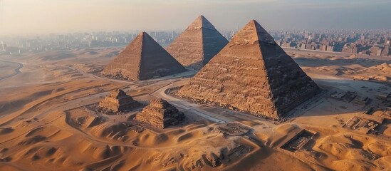 aerial view of the majestic pyramids in egypt at sunset, showcasing the ancient wonders of the world