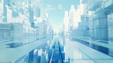 Wall Mural - A digital road going straight forward in a city, made of white glass squares, surrounded by skyscrapers made of white glass and blue squares, the sky in the distance is blue, 4K, rich details, Octane 