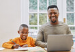 © peopleimages.com - Portrait, boy or dad in black family with laptop, remote learning or typing on preschool website for education. Parent, kid or African father with son, child development or smile for writing homework