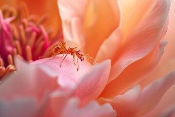 Poster - A close-up shot capturing a red ant as it explores a vibrant pink flower, showcasing the beauty and intricacy of nature along with the ant's delicate movement.