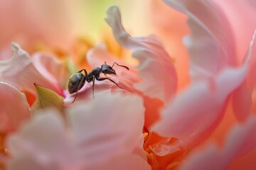 Poster - A detailed macro photo showing a black ant navigating the petals of a soft pink flower, emphasizing the relationship between insects and flora in the natural world.
