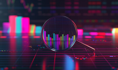Wall Mural - a magnifying glass focuses on colorful bar graphs on a digital screen, highlighting data analysis in