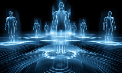 Wall Mural - Digital holograms of humanoid figures standing on a futuristic grid with glowing blue highlights