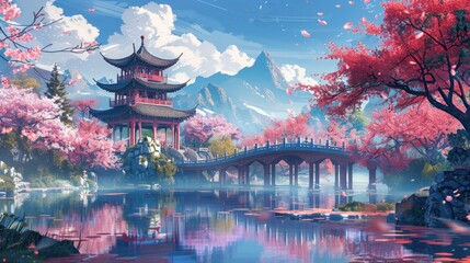 Wall Mural - Colorful Minimalist Illustration of Serene Chinese Garden

