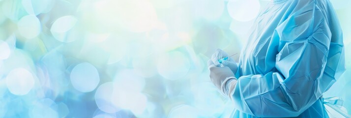 Poster - Healthcare professional in blue scrubs holding a syringe with a soft focus background. Vaccination and medical care.