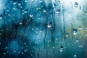 Poster - Raindrops forming intricate patterns on a glass window, capturing the essence of a rainy day with a focus on the droplets and the gentle distortion they create.