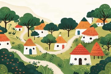 Wall Mural - Colorful Minimalist Illustration of Neolithic Village

