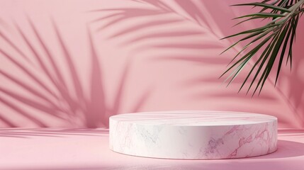 Wall Mural - Pink background with marble podium palm leaf shadows Empty showcase for cosmetic product display White marble pedestal with copy space