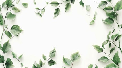 Branch and leaf banner on white background with space for text top view