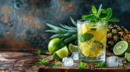 Wall Mural - Chilled pineapple mojito with ice lime and mint on wooden backdrop