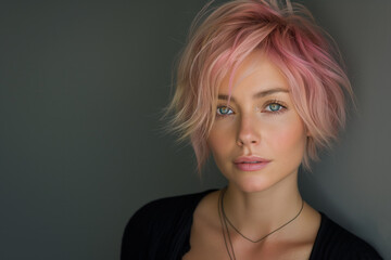 Wall Mural - Head and shoulder fashion portrait of a beautiful woman in her early 30s with unique pink fringe and pastel hair, set against a dark grey background	