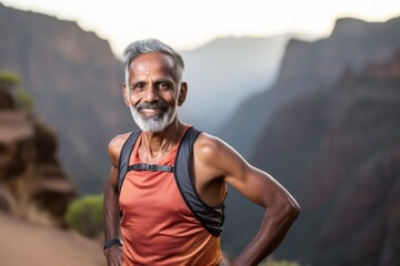 Wall Mural - Portrait of a merry indian man in his 60s wearing a lightweight running vest in front of rocky cliff background