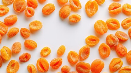 Canvas Print - Top view of circular formation of dried apricots on white background