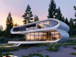 Wall Mural - Modern Futuristic Home In A Forest At Dusk