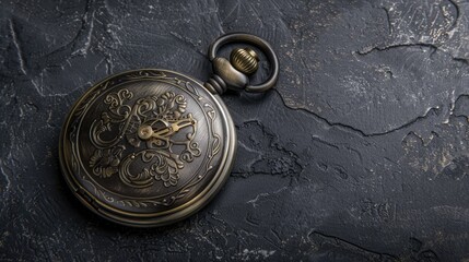 Antique pocket watch on black backdrop with room for text