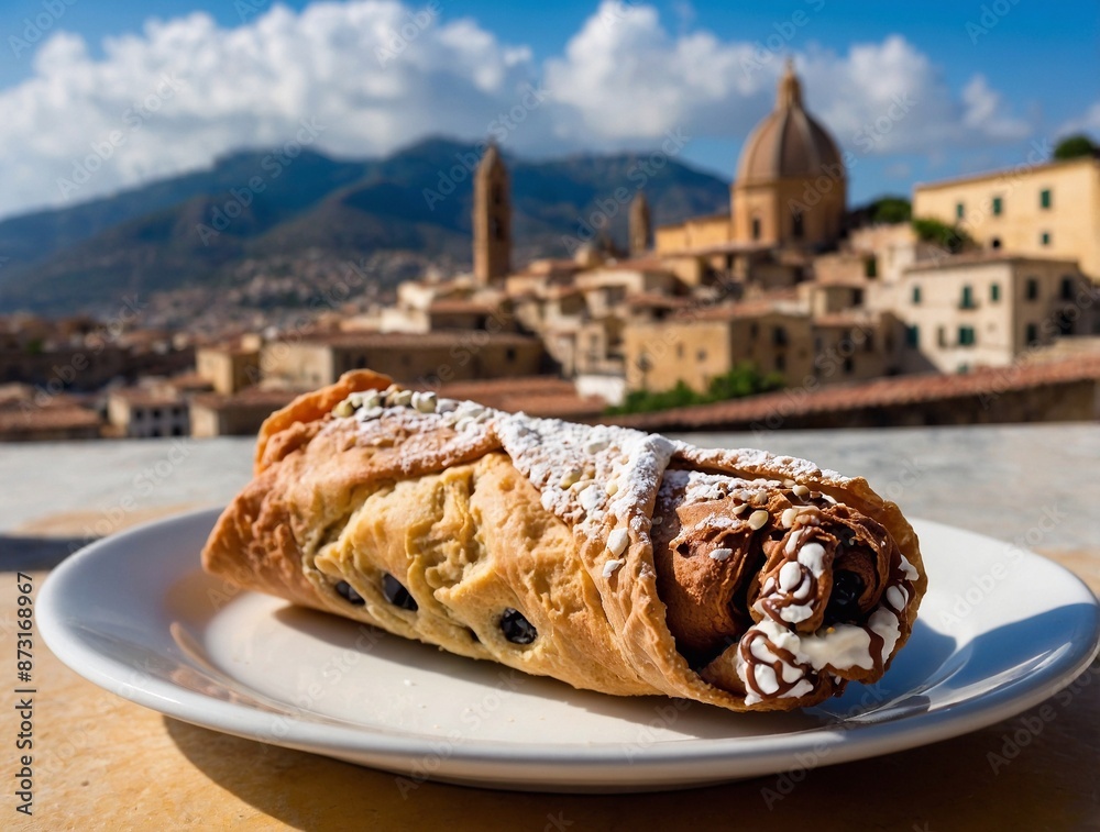 Cannoli Siciliani against the backdrop of Mount Etna, Catania, Palermo