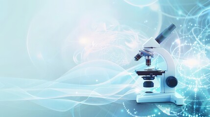 Poster - Microscope in a modern laboratory with abstract light patterns. Concept of scientific research and medical discovery. Advanced laboratory equipment for healthcare innovation.