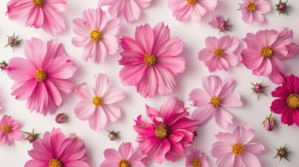 Poster - Pink cosmos flowers arranged beautifully on white background viewed from above with empty space around