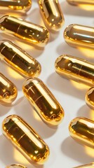 Poster - Close-up of shiny golden capsules on a white background with bright lighting. Dietary supplements and healthcare concept.