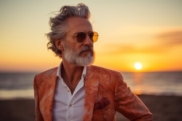 Wall Mural - Portrait of a blissful man in his 60s dressed in a stylish blazer on stunning sunset beach background