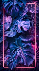 Wall Mural - Abstract tropical leaves with neon light frame, featuring vibrant purple and blue hues, creating a modern and artistic design.