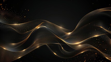 Sticker - Black background, golden lines in the shape of waves, simple and elegant style, dark gold and black color scheme, highend texture, flowing curves, linear perspective composition, delicate details, lig