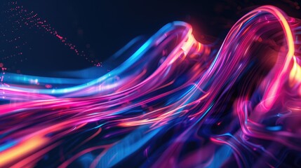 Poster - An abstract background with flowing neon light trails on a dark backdrop.